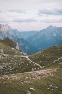 View of mountain range against cloudy sky