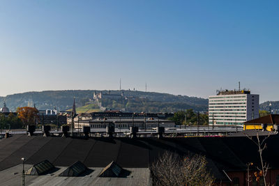 Buildings in city against clear sky