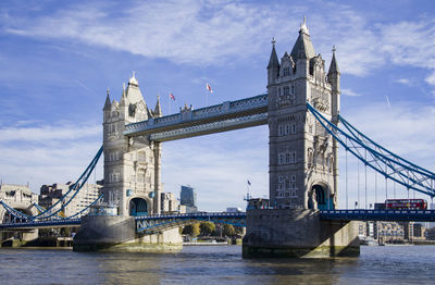 Low angle view of bridge over river against cloudy sky