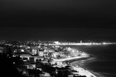 Aerial view of city lit up at night