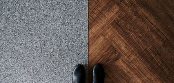 Low section of person standing on hardwood floor and carpet