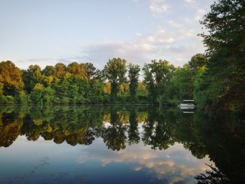 Reflection of trees in lake against sky