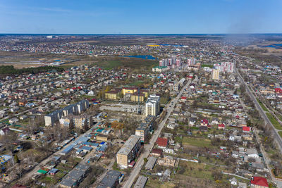 The aerial view of the destroyed and burnt buildings. the buildings were destroyed by rockets.