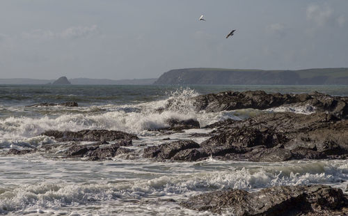 Waves splashing on rocky coastline