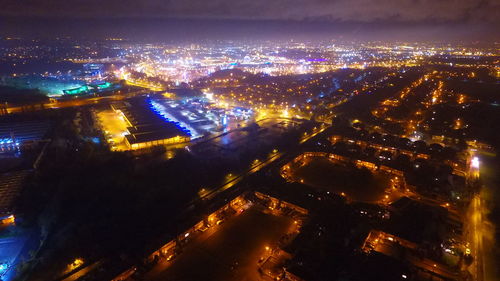 Aerial view of city at night