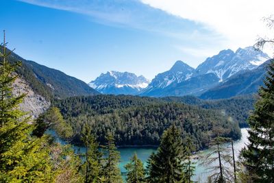 Scenic view of lake and mountains against sky