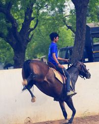 Man riding horse against wall