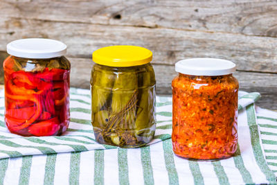 Close-up of jars on table