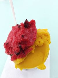 Close-up of ice cream cone against white background