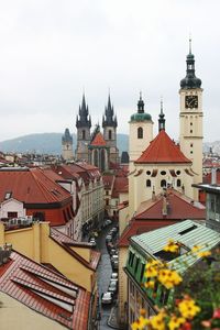 High angle view of buildings in city against sky