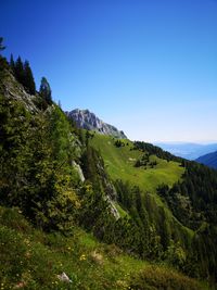 Scenic view of mountains against clear blue sky