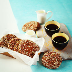 High angle view of breakfast served on table