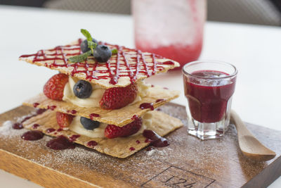 Close-up of dessert served on table