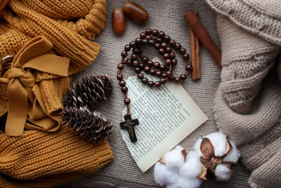 High angle view of book on table