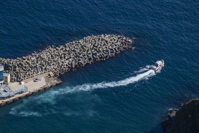 High angle view of sea by rocks