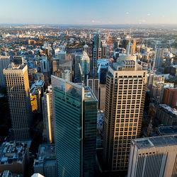 High angle view of buildings in city against sky