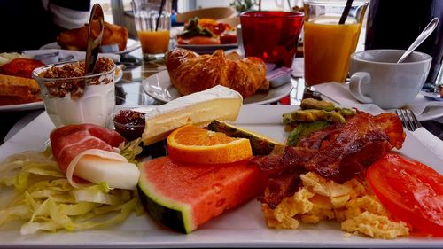 Close-up of breakfast served on table