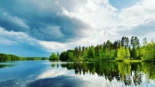 Reflection of trees and cloudy sky on clam lake