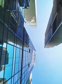 Low angle view of modern buildings against clear blue sky