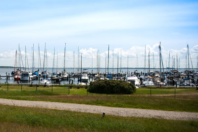 Boats moored at harbor against sky