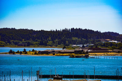 Scenic view of sea against clear blue sky