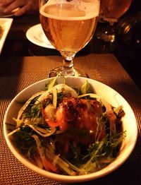 Close-up of beer in glass on table