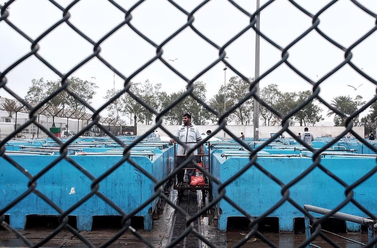 chainlink fence, metal, day, safety, protection, outdoors, real people, sky, one person, architecture, water, close-up, city, people