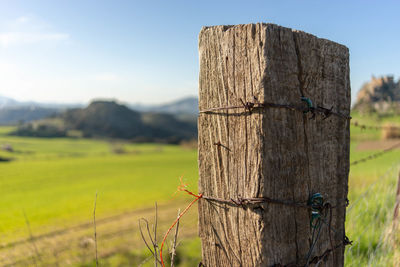 Close-up of wooden post against sky