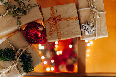 Close-up of christmas decorations on table