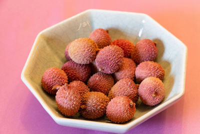 High angle view of strawberries in plate