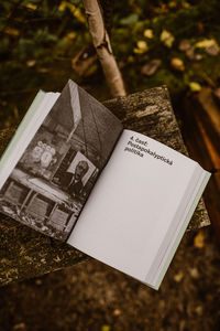 High angle view of text on book