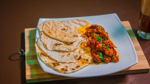 High angle view of food in plate on table