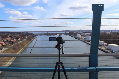 View at a camera filming on the big kiel canal bridge in northern germany.