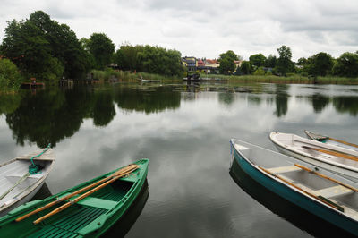 High angle view of boats moored in lake