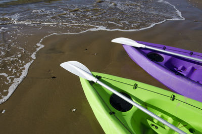 High angle view of boats moored on shore