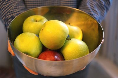 Midsection of man holding bowl with apples