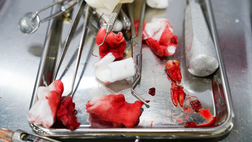 High angle view of strawberries on table