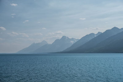 Scenic view of sea and mountains against sky