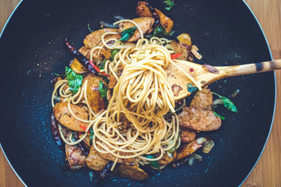 High angle view of food served in pan