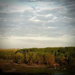 Scenic view of field against cloudy sky