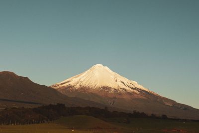 Scenic view of snowcapped mountains against clear sky