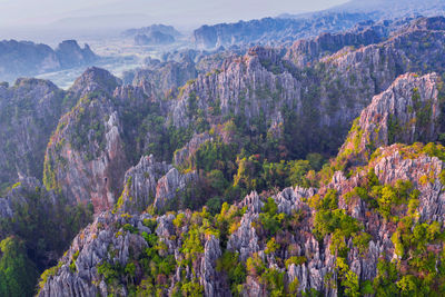 Aerial view of sharp limestone mountains in noen maprang district, phitsanulok province, thailand.