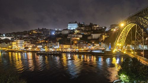 Illuminated buildings by river against sky at night