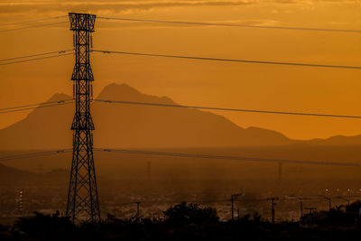 Low angle view of silhouette electricity pylon against sky during sunset