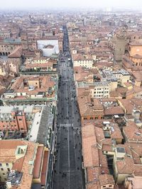 High angle view of street and buildings in city