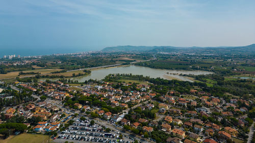 Aerial view of santa monica, near misano, with the athletics stadium and lake conca 