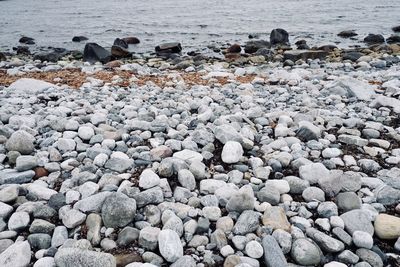 High angle view of stones on beach