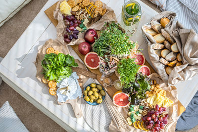 High angle view of chopped vegetables in plate on table