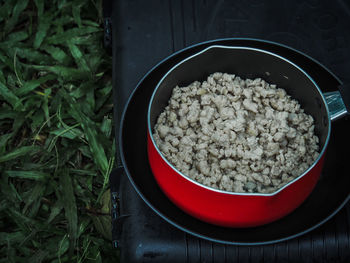 High angle view of breakfast on table