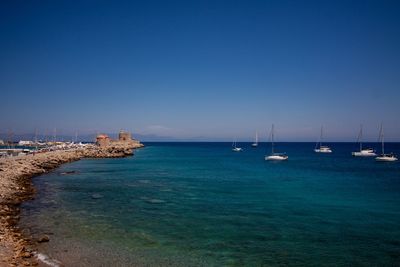 Scenic view of sea against clear blue sky